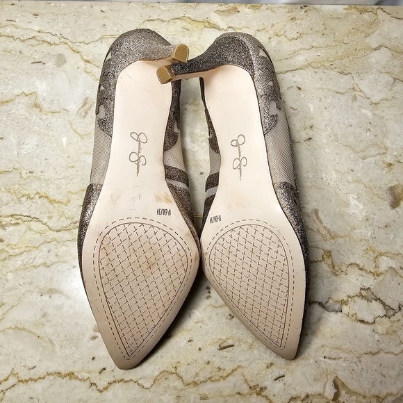 🛑 NWT Jessica Simpson Womens Elegant Sheer Tan Mesh w/Glittery Gold Pumps 8.5 - Picture 6 of 6